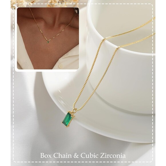 Dainty Birthday Emerald 14K Gold CZ Necklace  Baguette Necklaces for Women Gift - Picture 1 of 5